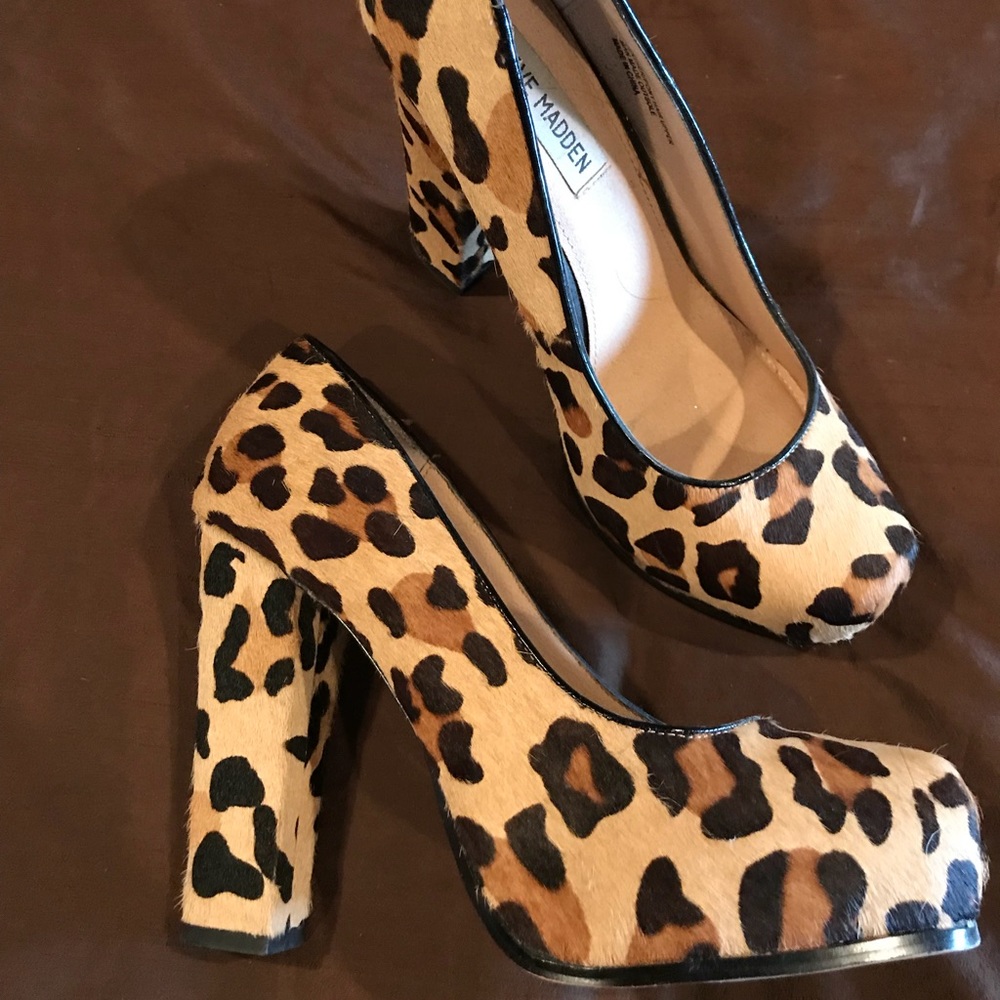 Steve Madden printed fur platform heels.